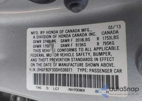 2013 Honda Civic Lx from USA, damaged, VIN 2HGFB2F50DH536971